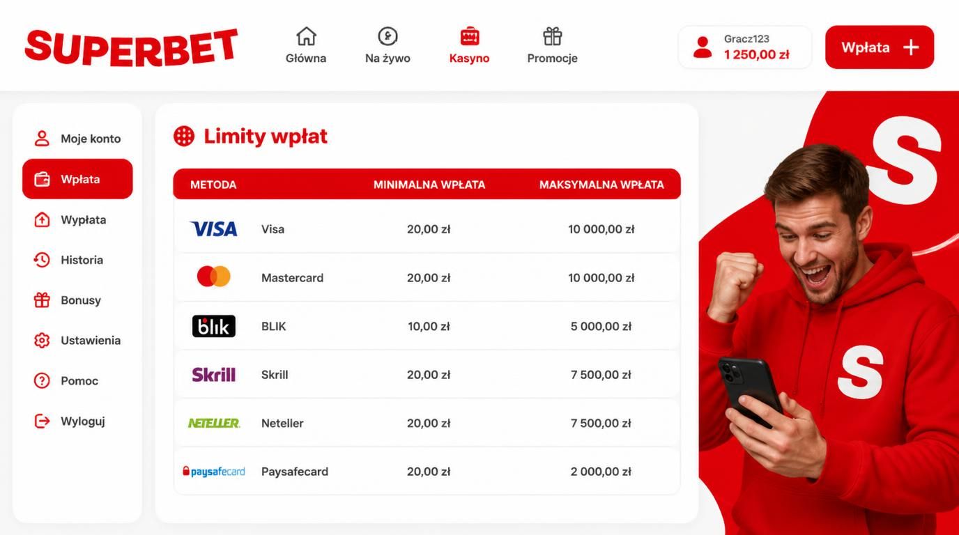 Tabela z limitami wpłat i ikonami metod płatności