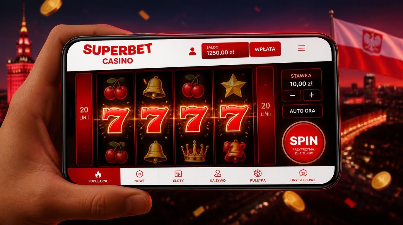 Telefon z interfejsem slotów SupeBet Casino na ekranie, dynamiczna animacja symboli, klimat emocji i gry w ruchu