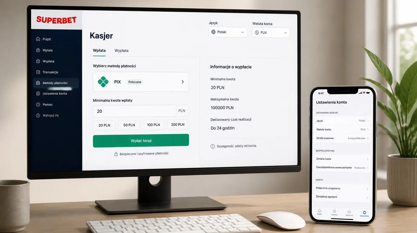 Panel kasy z metodą PIX, progami wpłat i wypłat w PLN oraz wyborem języka i waluty konta